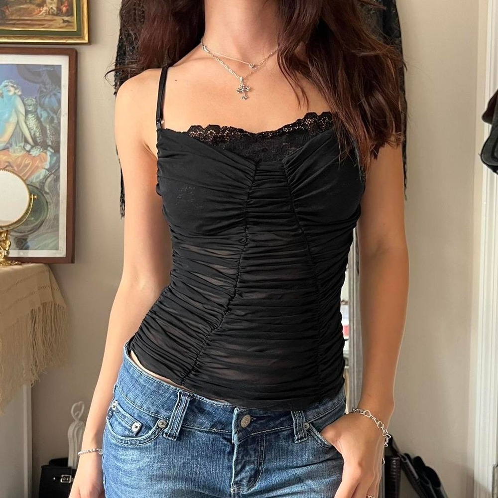 Y2k Euro French Rollies Paris Ruched Lace Cami Top Size XS-S